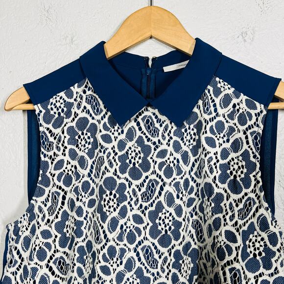 Halogen Crochet Floral Blouse Sleeveless Navy Cream Collar Career Casual - L - Picture 2 of 4